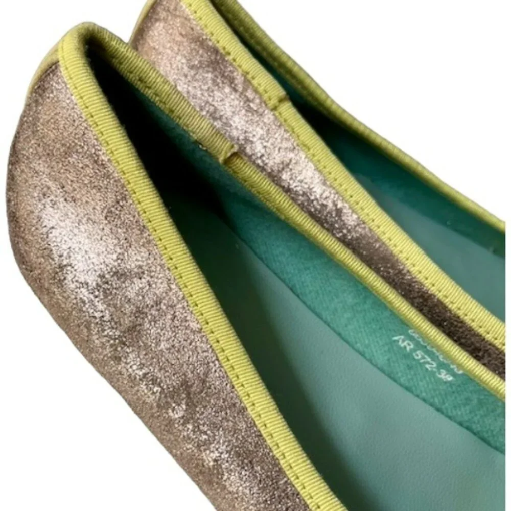 Boden Metallic Wedge Ballerina Shoes Leather Bow - Gold/Lime - 38 (7.5-8)